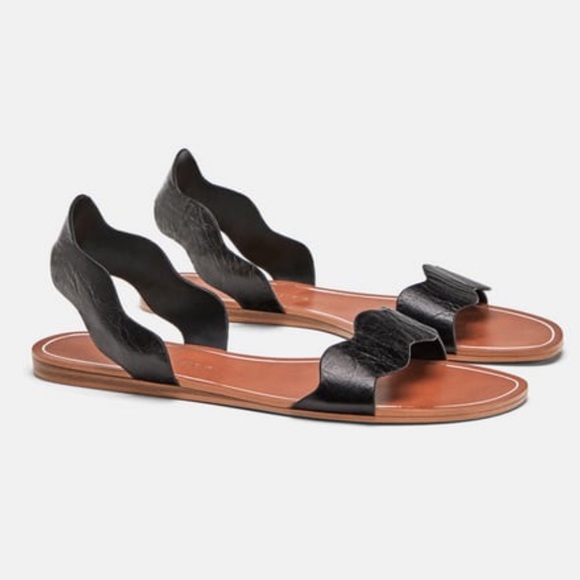 Zara Shoes - NWT Zara Black Leather Scalloped Sandals Flats